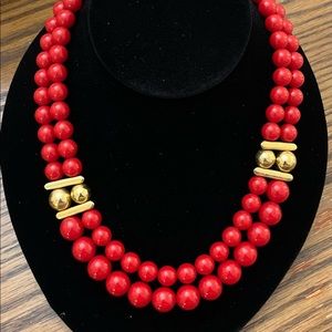 Vintage Napier Double-Strand Red and Goldtone Bead Necklace.